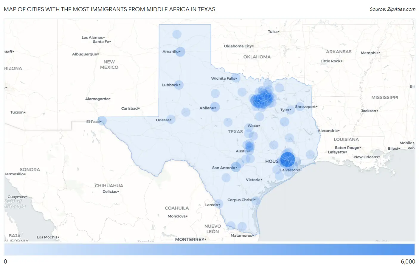 Cities with the Most Immigrants from Middle Africa in Texas Map