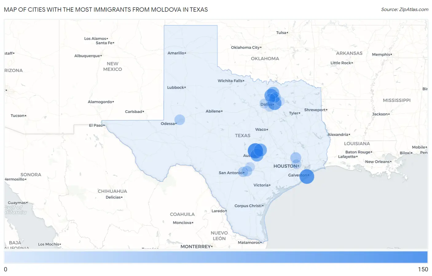 Cities with the Most Immigrants from Moldova in Texas Map