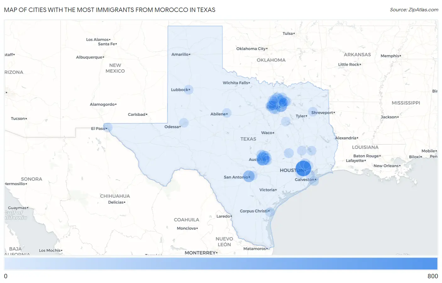 Cities with the Most Immigrants from Morocco in Texas Map