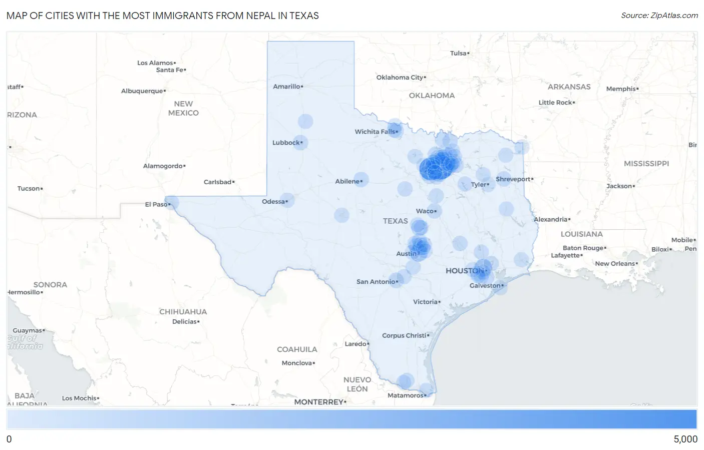Cities with the Most Immigrants from Nepal in Texas Map