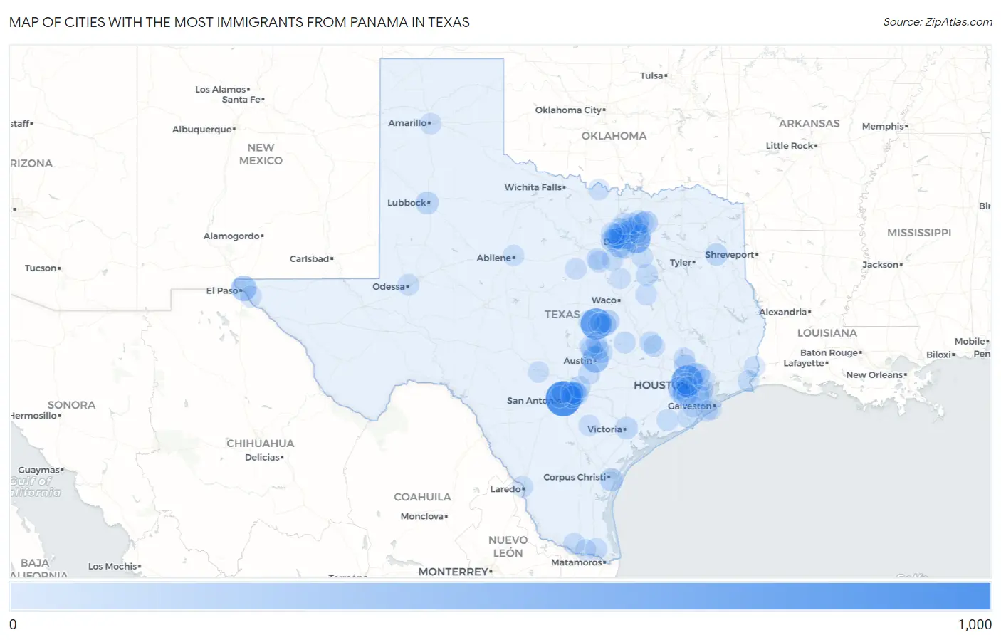 Cities with the Most Immigrants from Panama in Texas Map