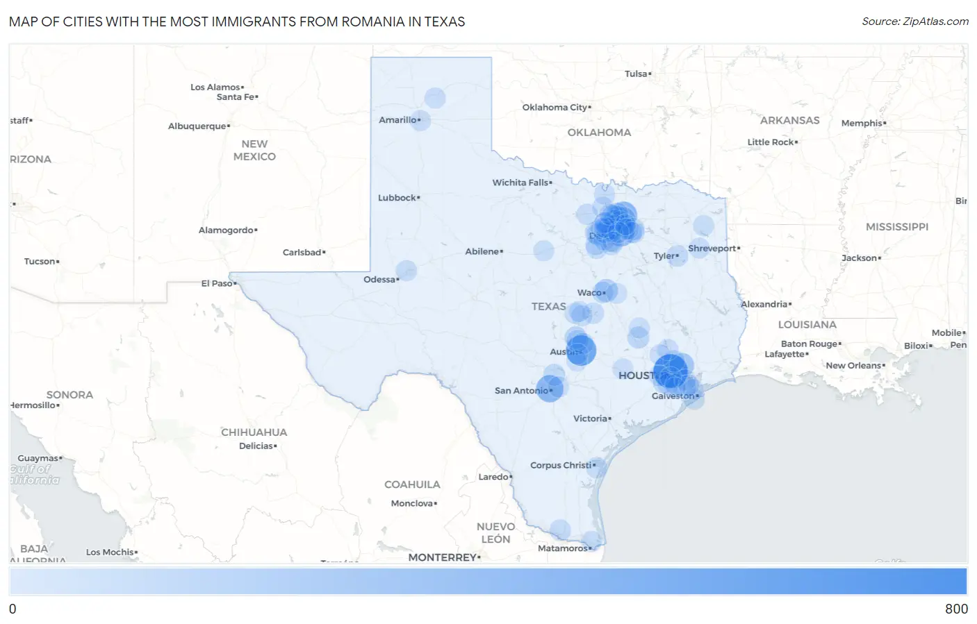 Cities with the Most Immigrants from Romania in Texas Map