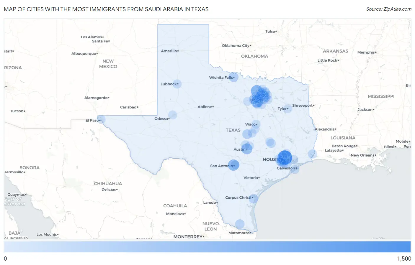 Cities with the Most Immigrants from Saudi Arabia in Texas Map