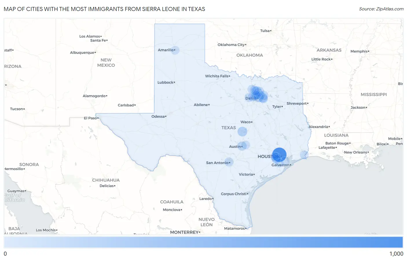 Cities with the Most Immigrants from Sierra Leone in Texas Map