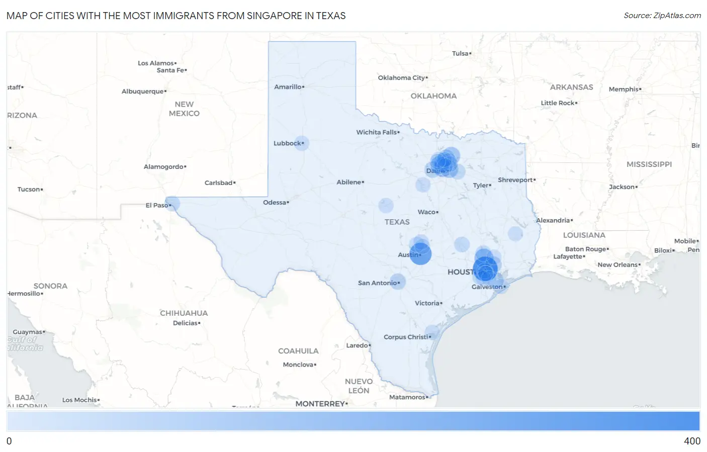 Cities with the Most Immigrants from Singapore in Texas Map