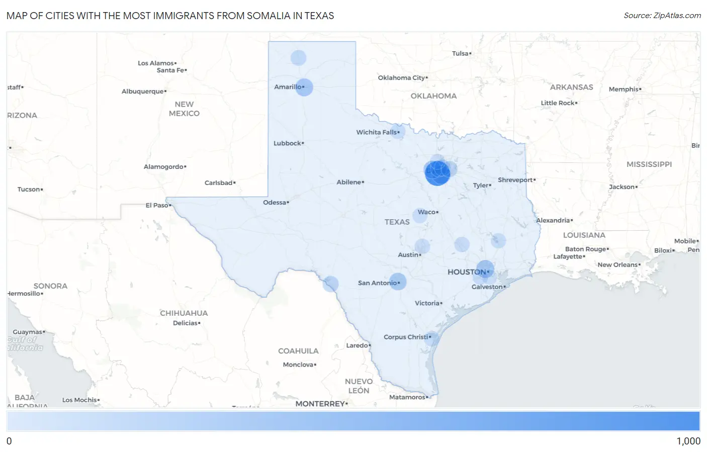 Cities with the Most Immigrants from Somalia in Texas Map