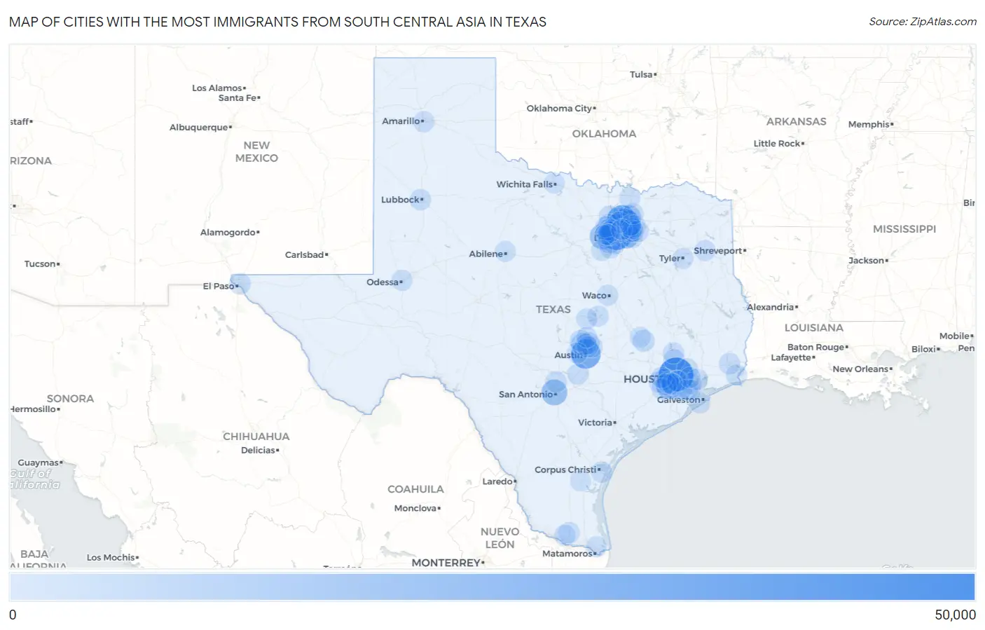 Cities with the Most Immigrants from South Central Asia in Texas Map