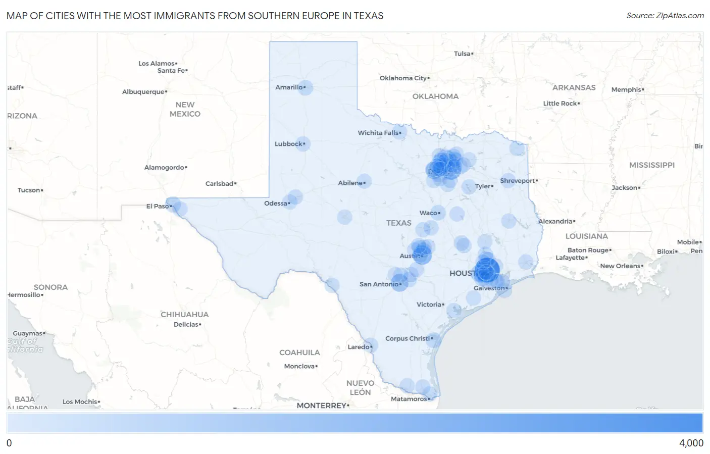 Cities with the Most Immigrants from Southern Europe in Texas Map