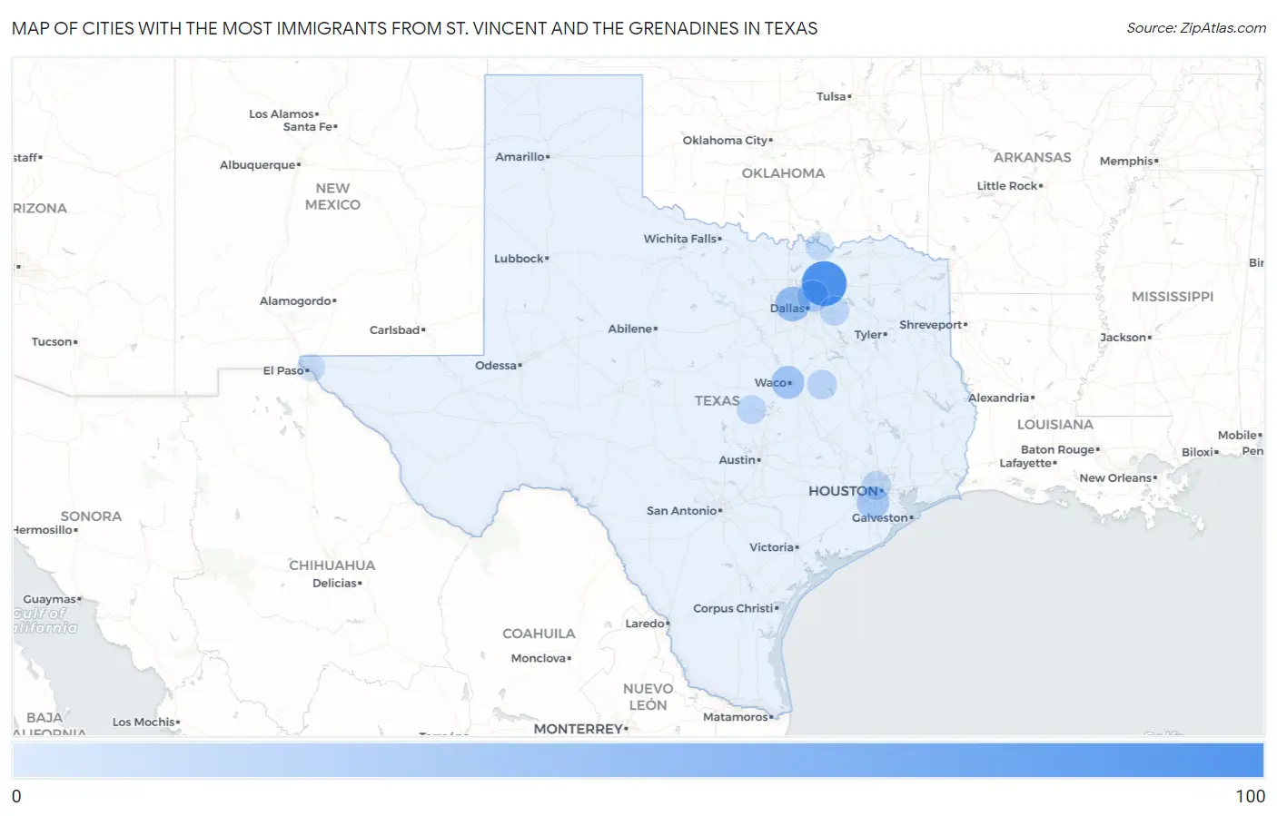 Cities with the Most Immigrants from St. Vincent and the Grenadines in Texas Map