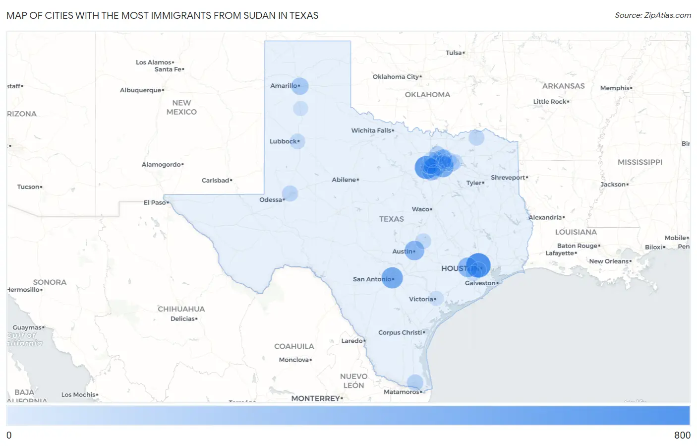 Cities with the Most Immigrants from Sudan in Texas Map