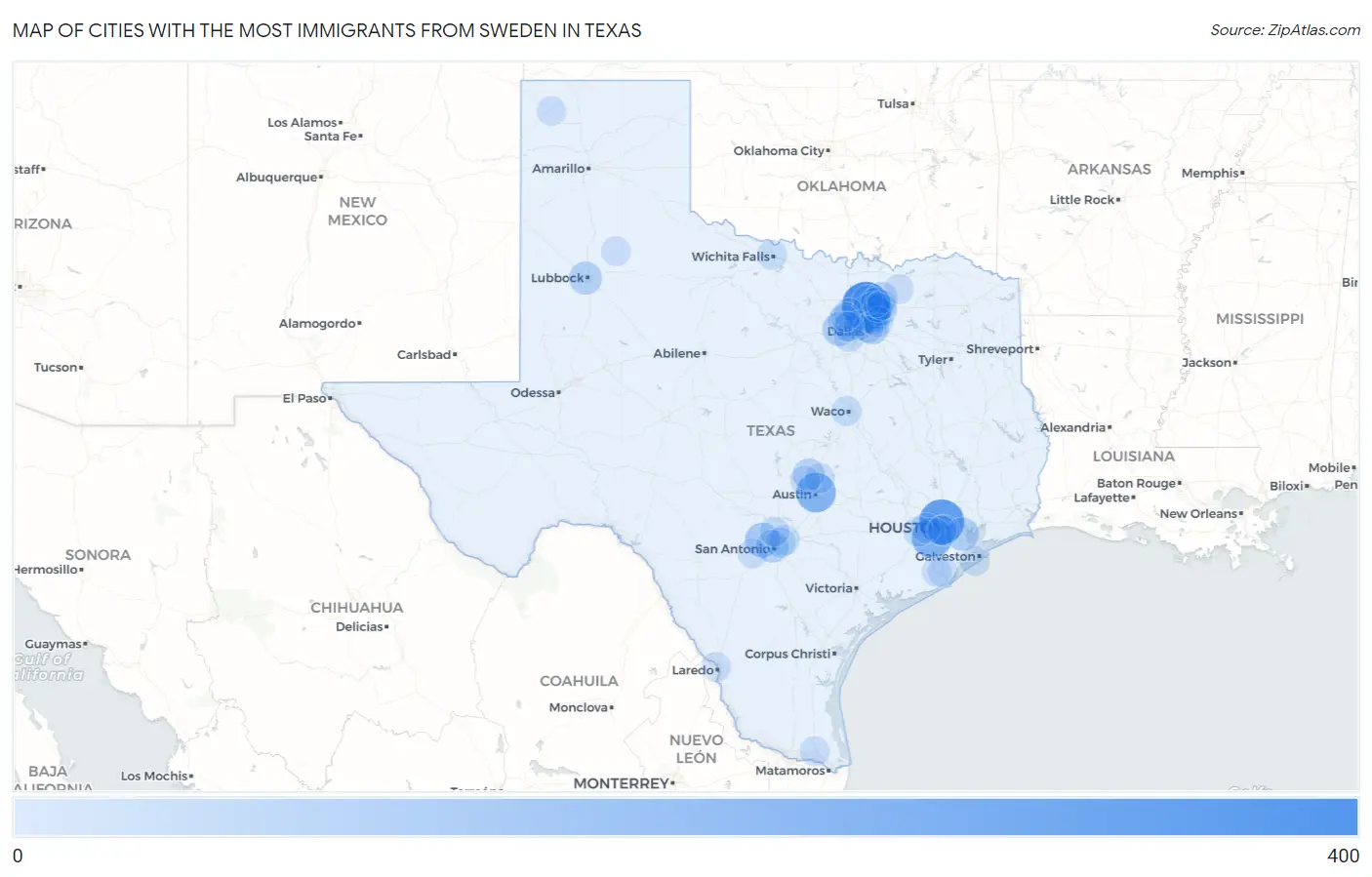 Cities with the Most Immigrants from Sweden in Texas Map