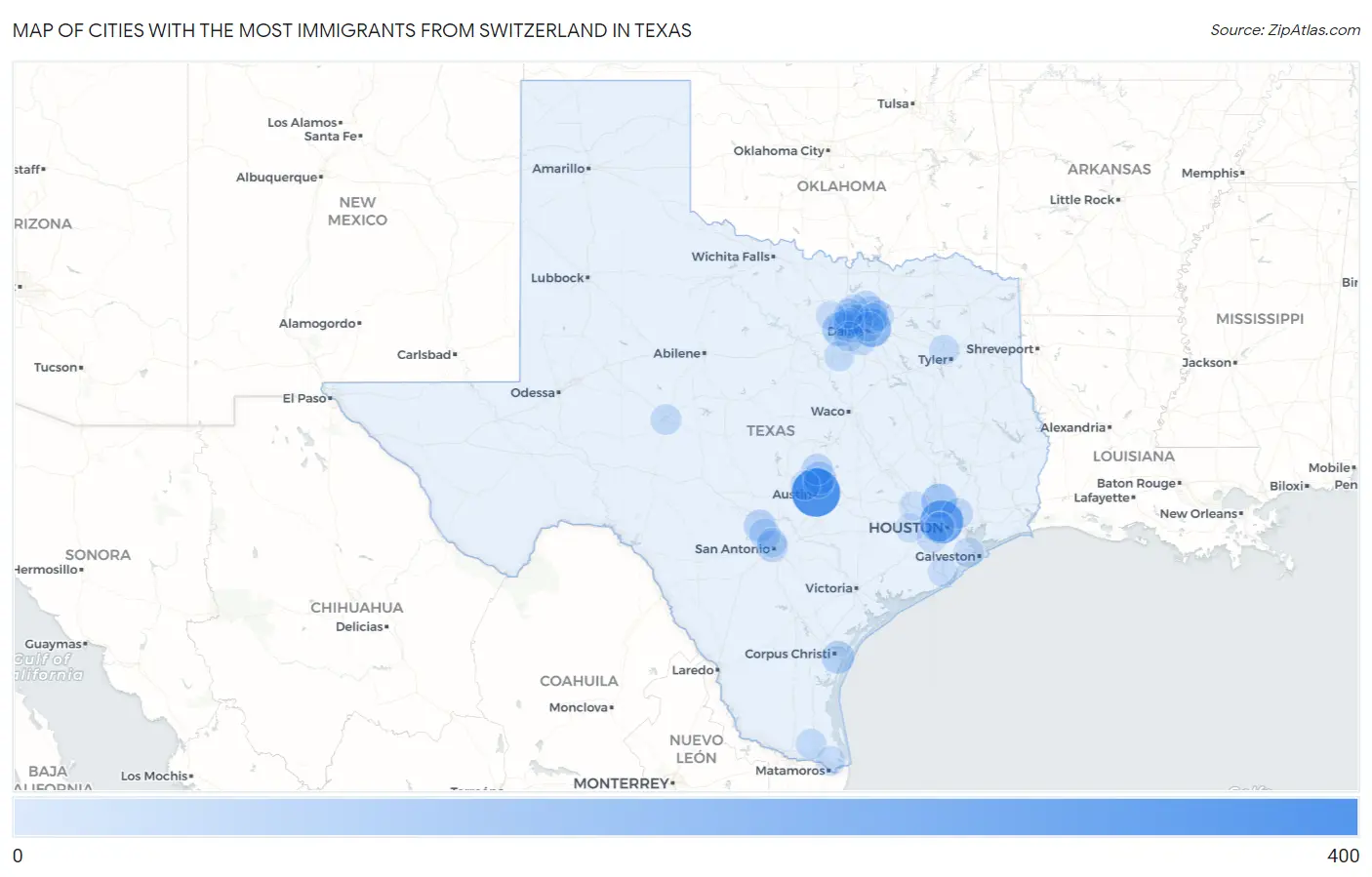 Cities with the Most Immigrants from Switzerland in Texas Map