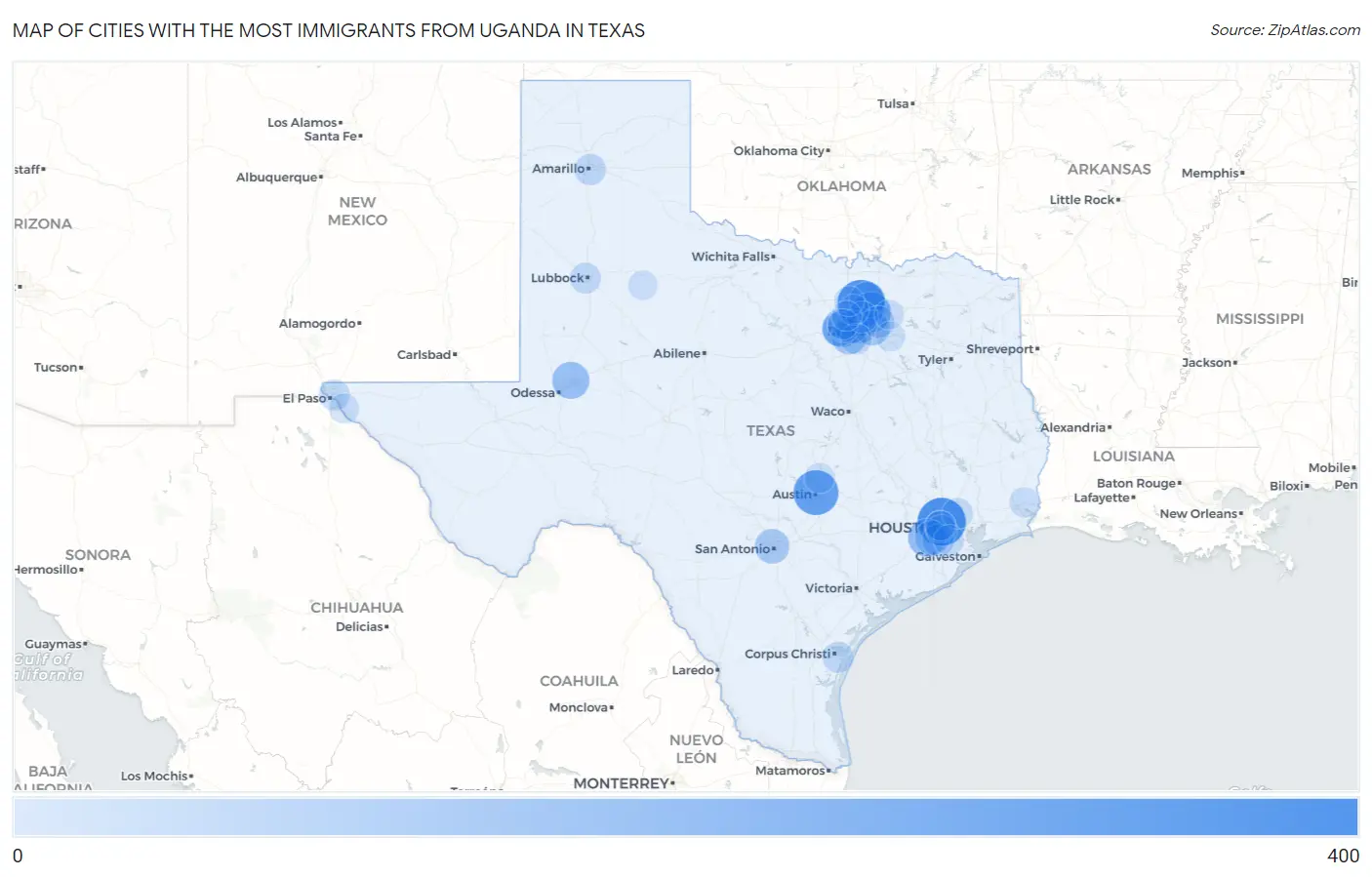 Cities with the Most Immigrants from Uganda in Texas Map