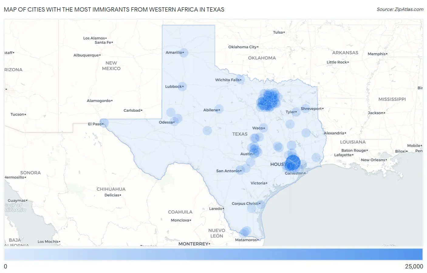 Cities with the Most Immigrants from Western Africa in Texas Map