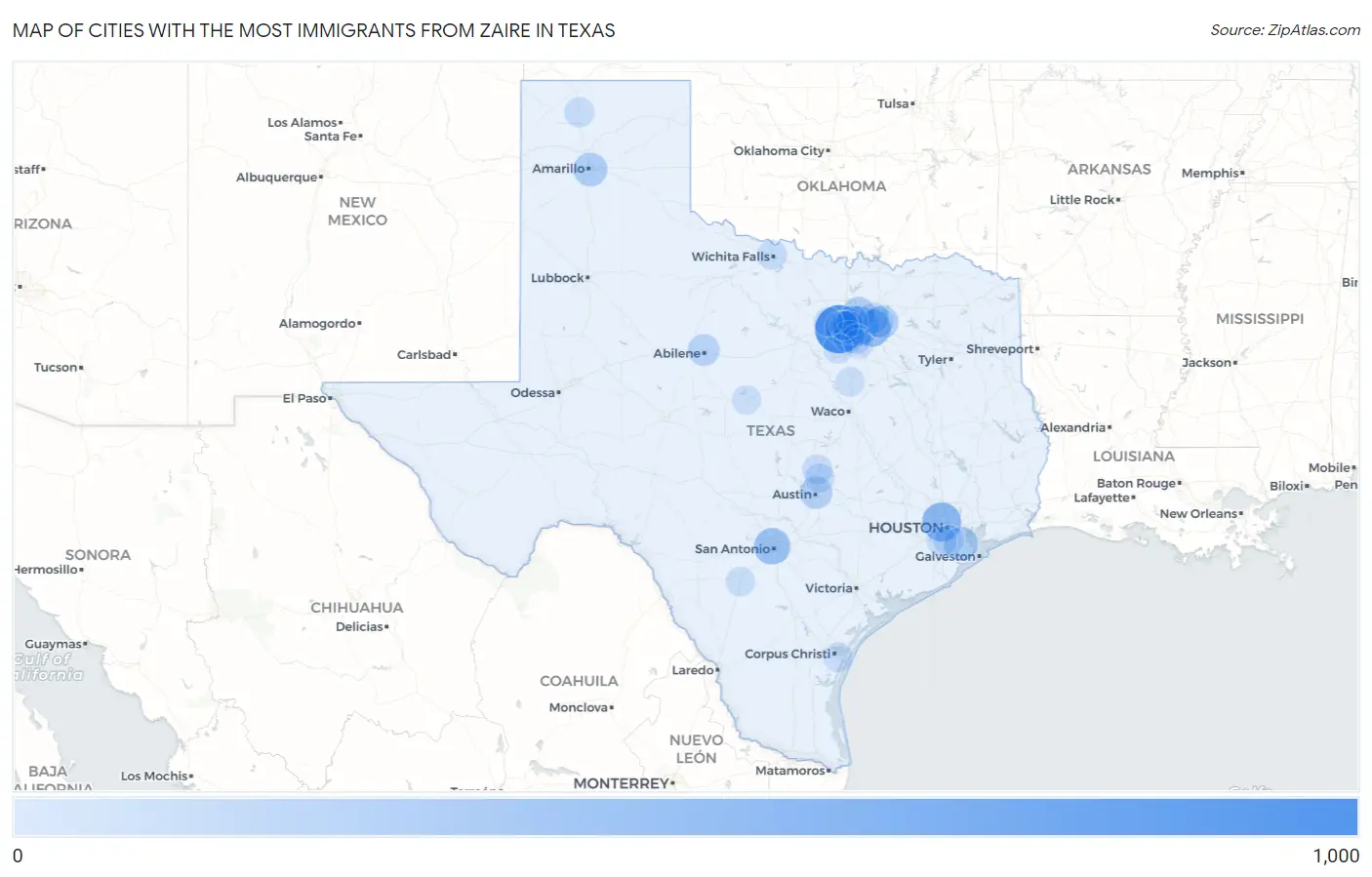 Cities with the Most Immigrants from Zaire in Texas Map