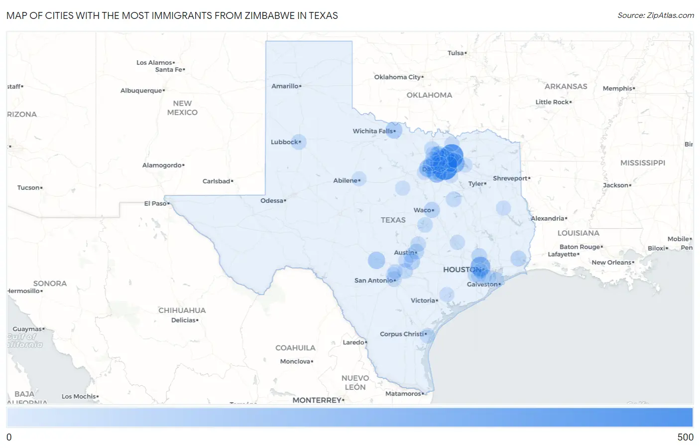 Cities with the Most Immigrants from Zimbabwe in Texas Map