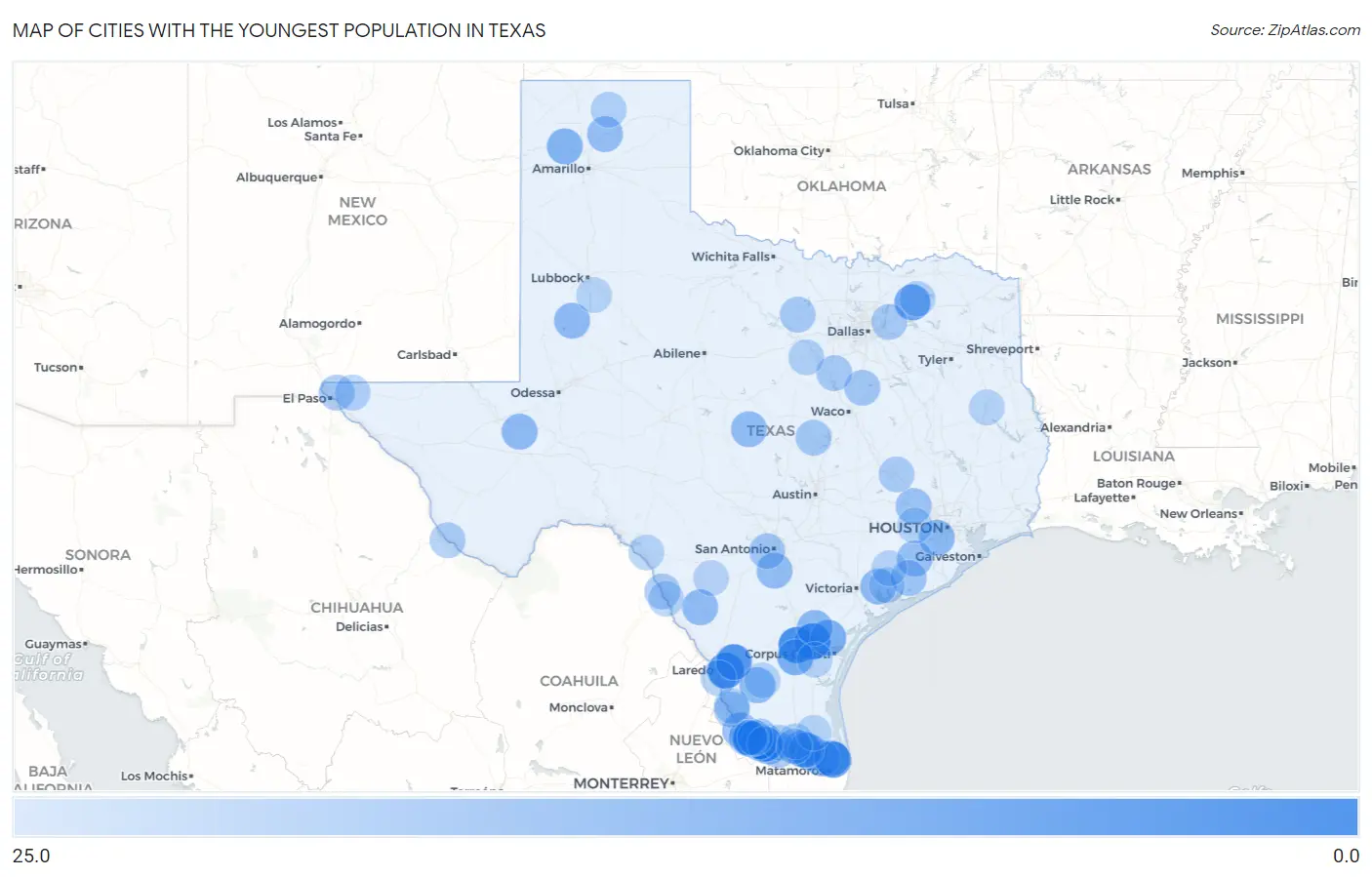 Cities with the Youngest Population in Texas Map