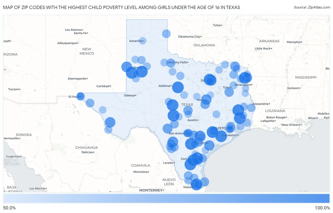 Zip Codes with the Highest Child Poverty Level Among Girls Under the Age of 16 in Texas Map
