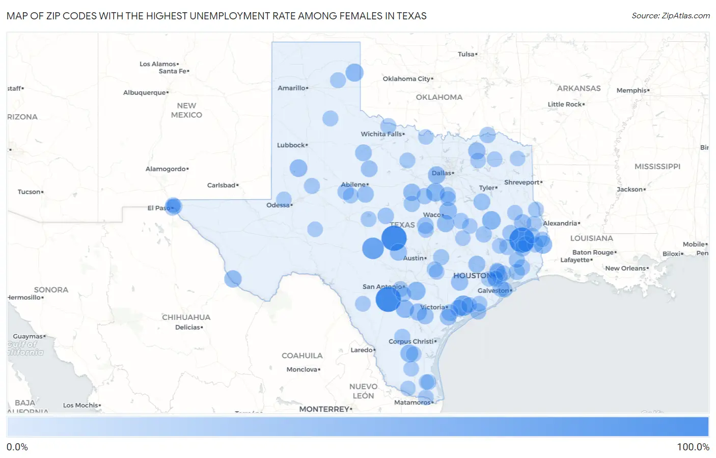 Zip Codes with the Highest Unemployment Rate Among Females in Texas Map