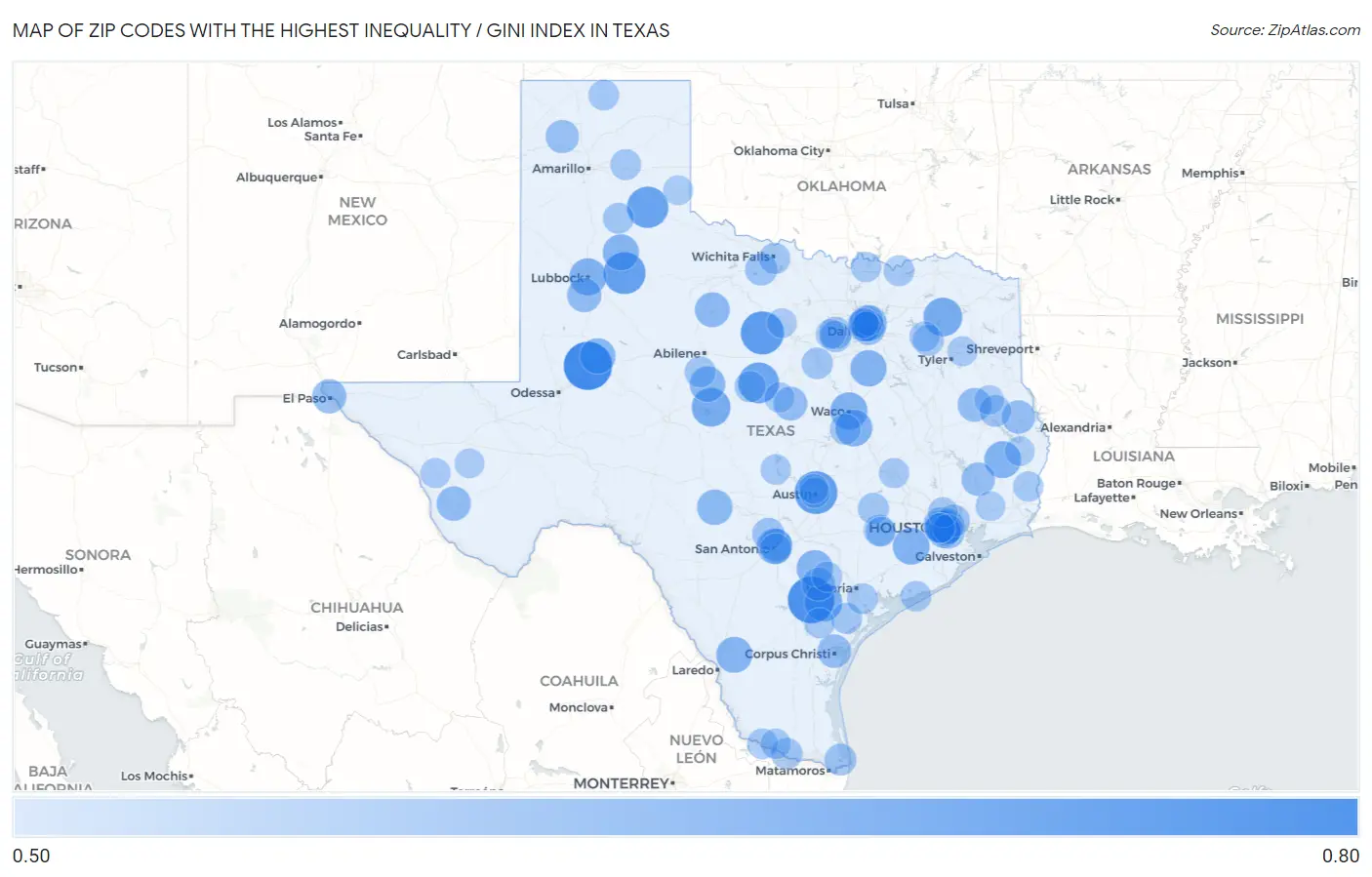 Zip Codes with the Highest Inequality / Gini Index in Texas Map
