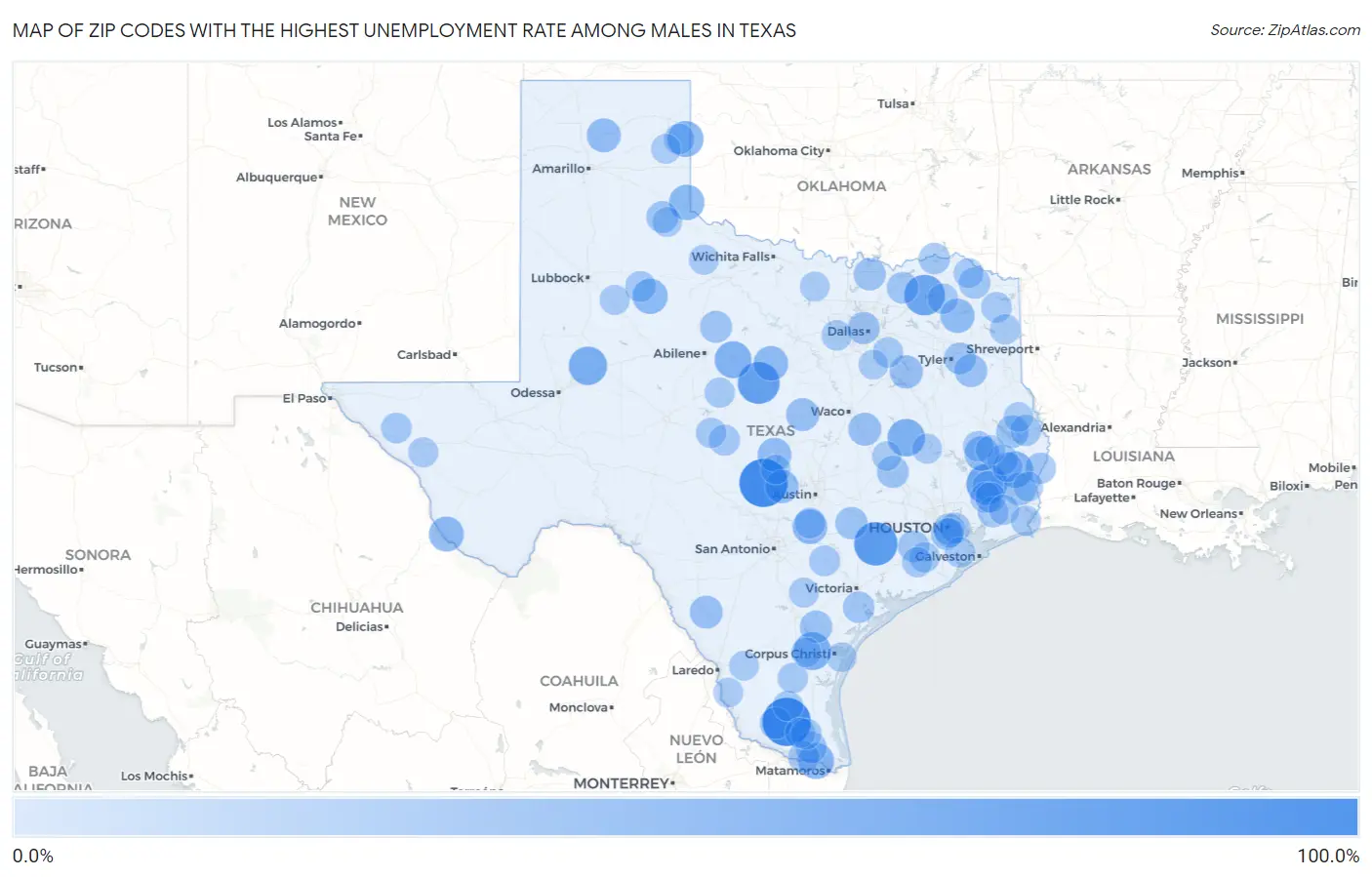 Zip Codes with the Highest Unemployment Rate Among Males in Texas Map