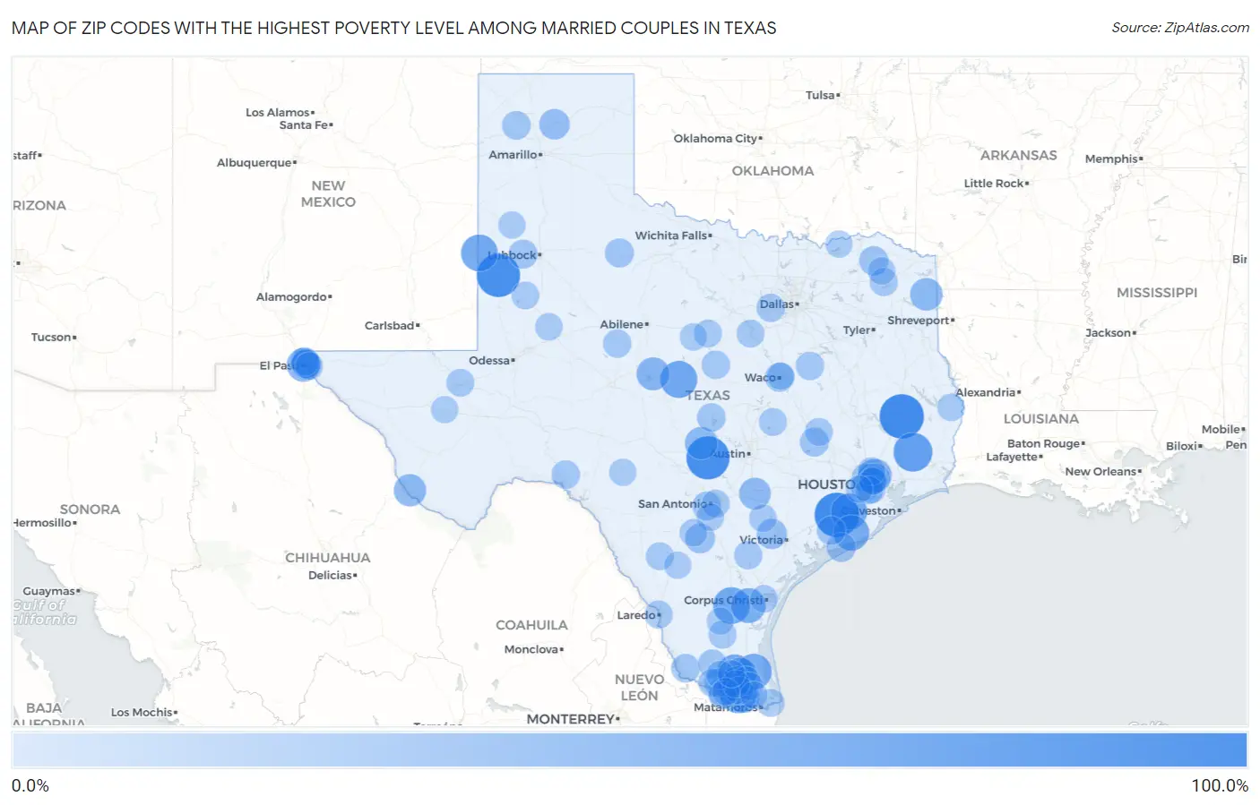Zip Codes with the Highest Poverty Level Among Married Couples in Texas Map
