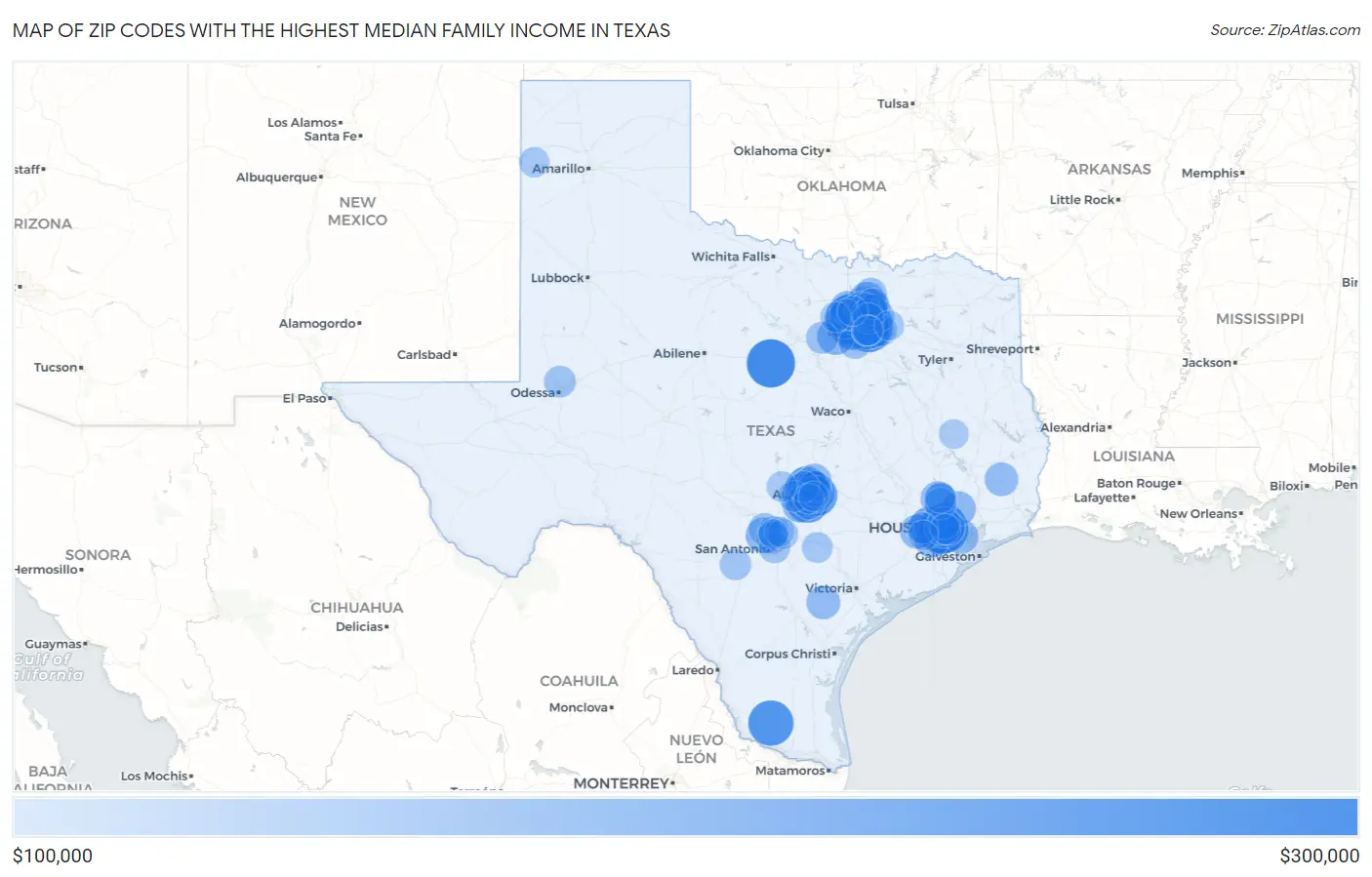Zip Codes with the Highest Median Family Income in Texas Map