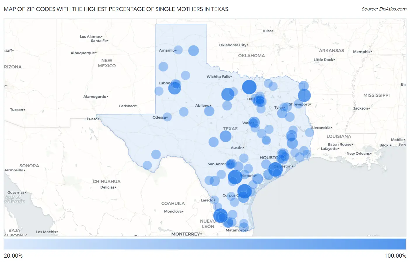 Zip Codes with the Highest Percentage of Single Mothers in Texas Map