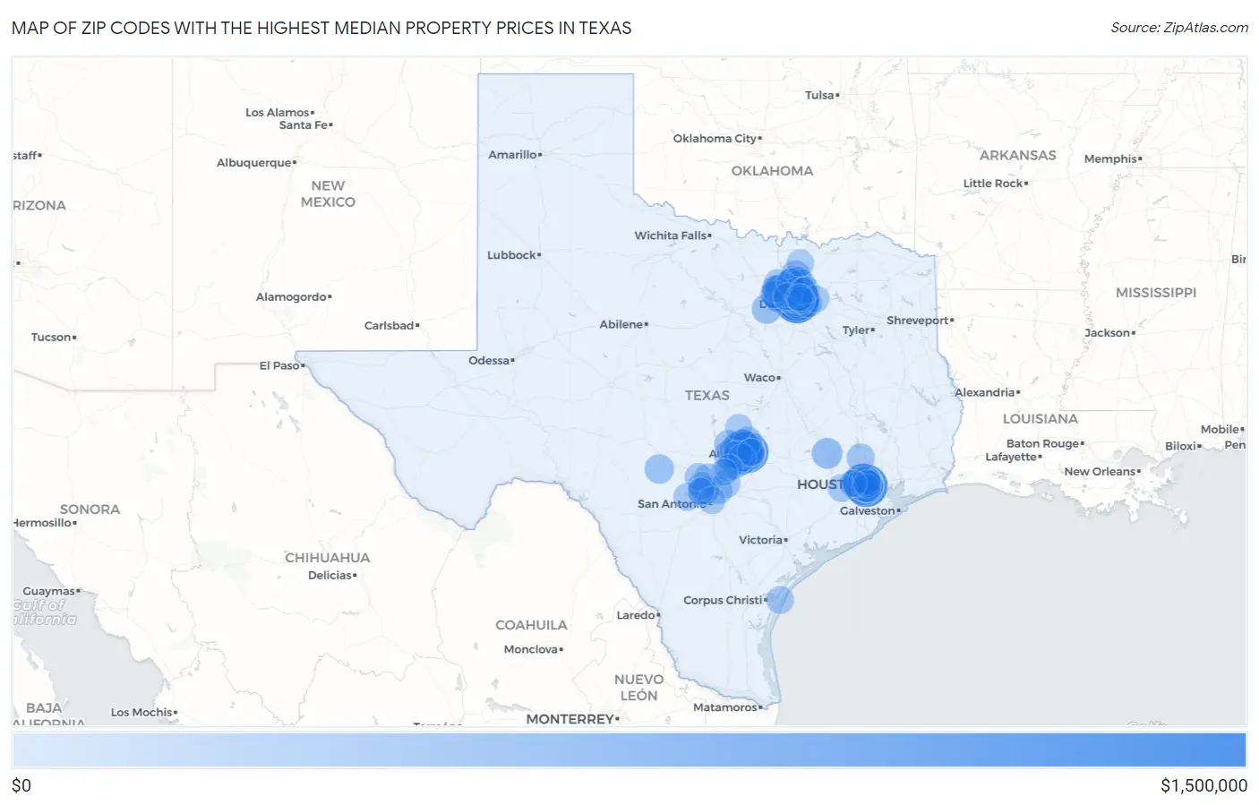 Zip Codes with the Highest Median Property Prices in Texas Map