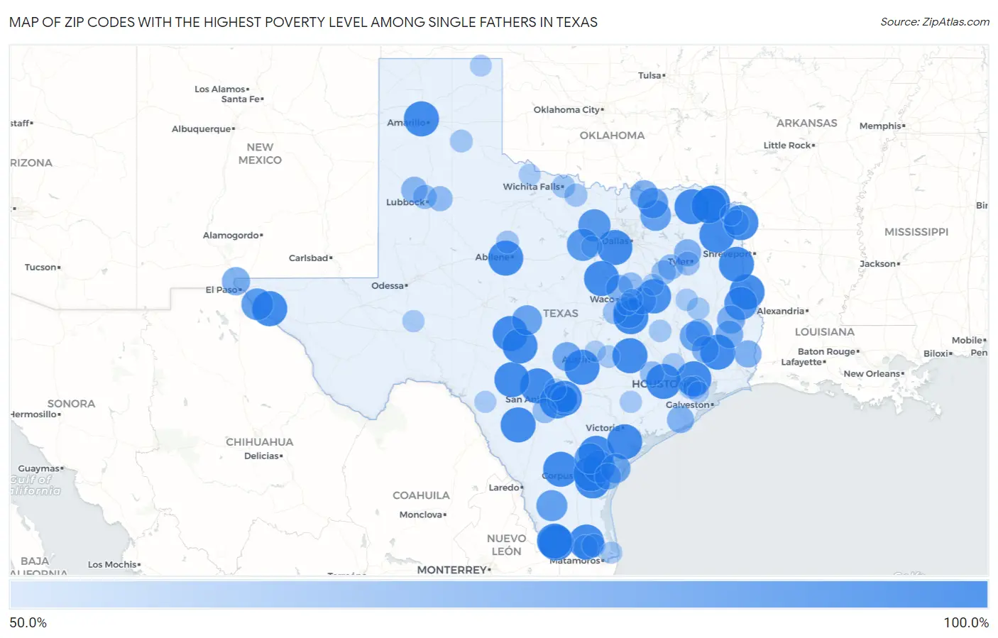 Zip Codes with the Highest Poverty Level Among Single Fathers in Texas Map