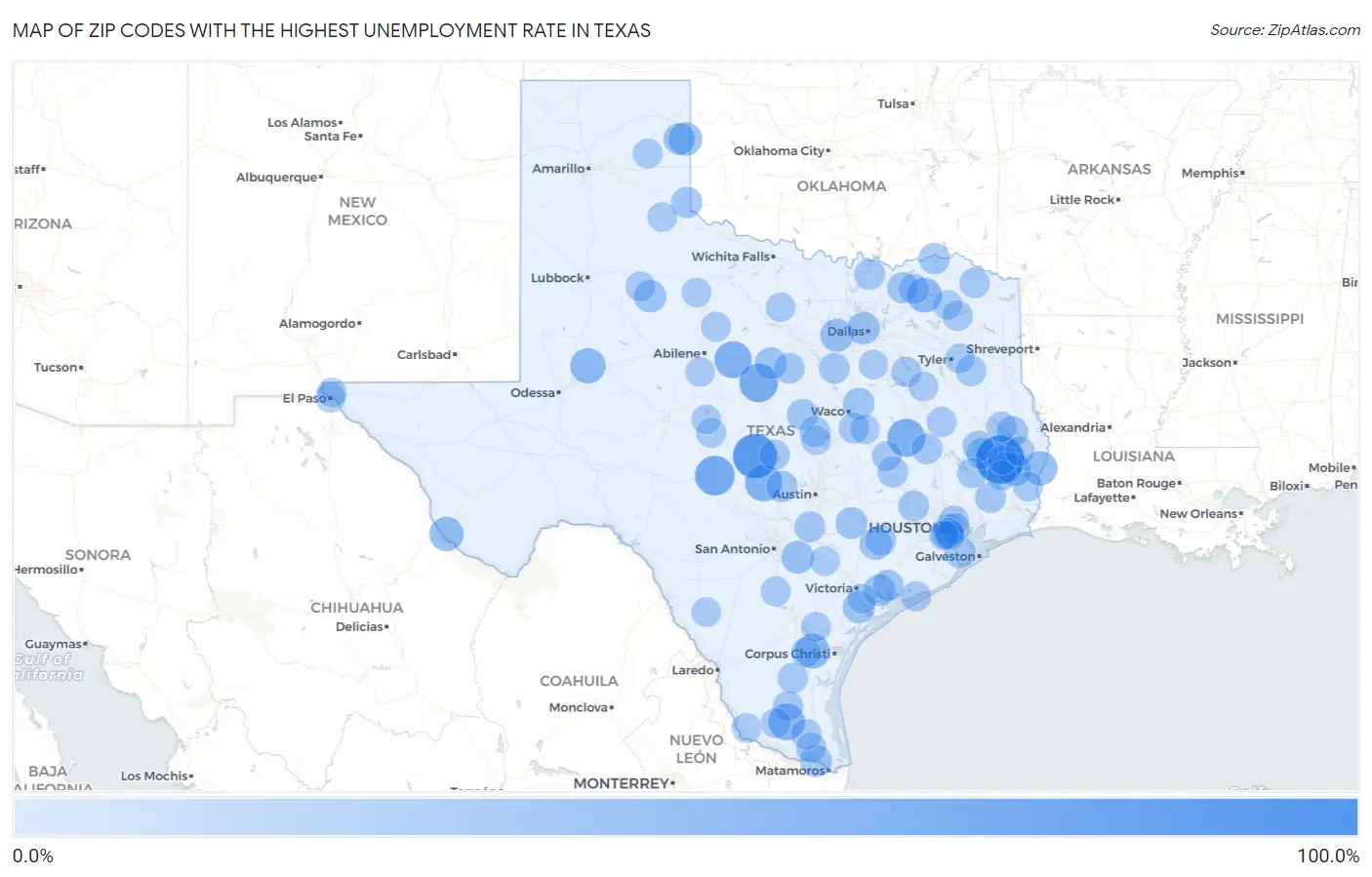 Zip Codes with the Highest Unemployment Rate in Texas Map