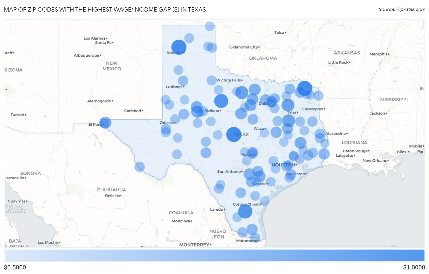 Zip Codes with the Highest Wage/Income Gap ($) in Texas Map