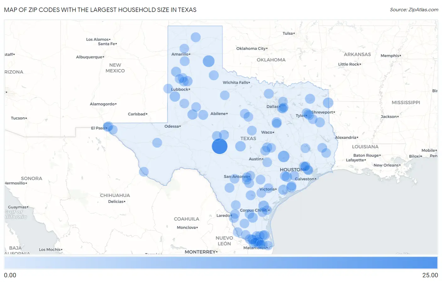 Zip Codes with the Largest Household Size in Texas Map
