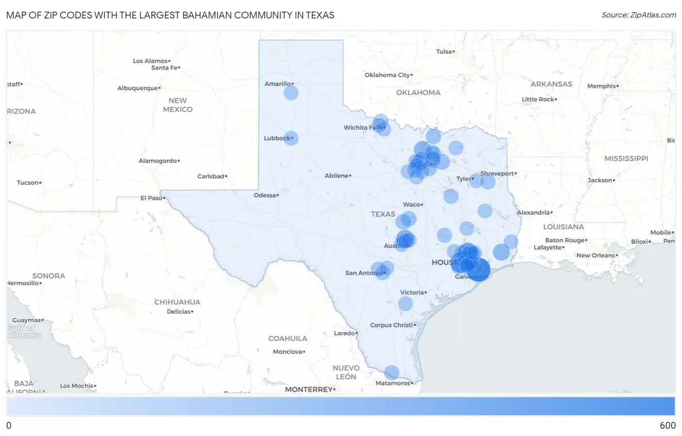 Zip Codes with the Largest Bahamian Community in Texas Map