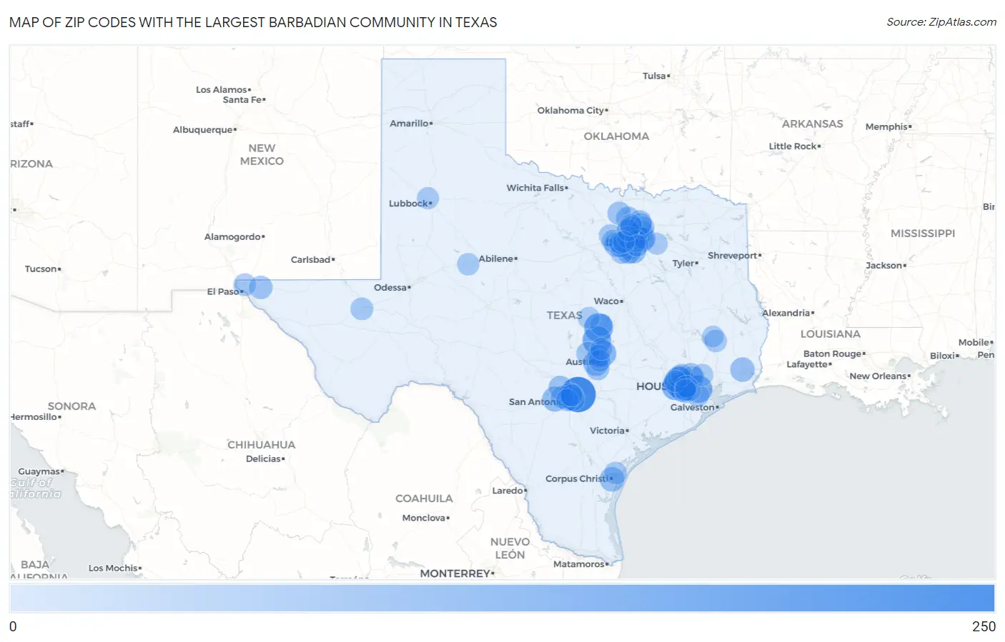 Zip Codes with the Largest Barbadian Community in Texas Map