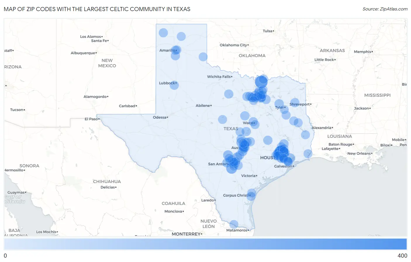 Zip Codes with the Largest Celtic Community in Texas Map
