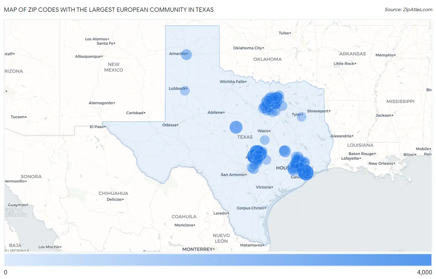 Zip Codes with the Largest European Community in Texas Map
