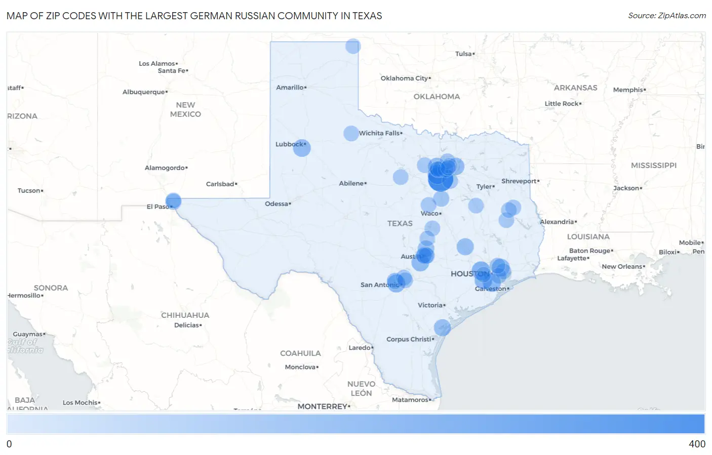 Zip Codes with the Largest German Russian Community in Texas Map