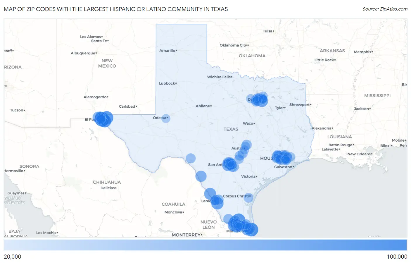 Zip Codes with the Largest Hispanic or Latino Community in Texas Map