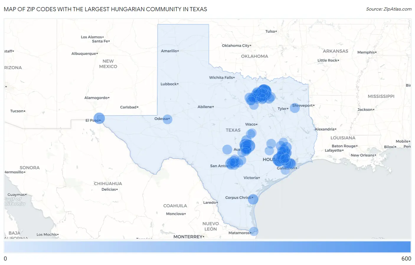Zip Codes with the Largest Hungarian Community in Texas Map