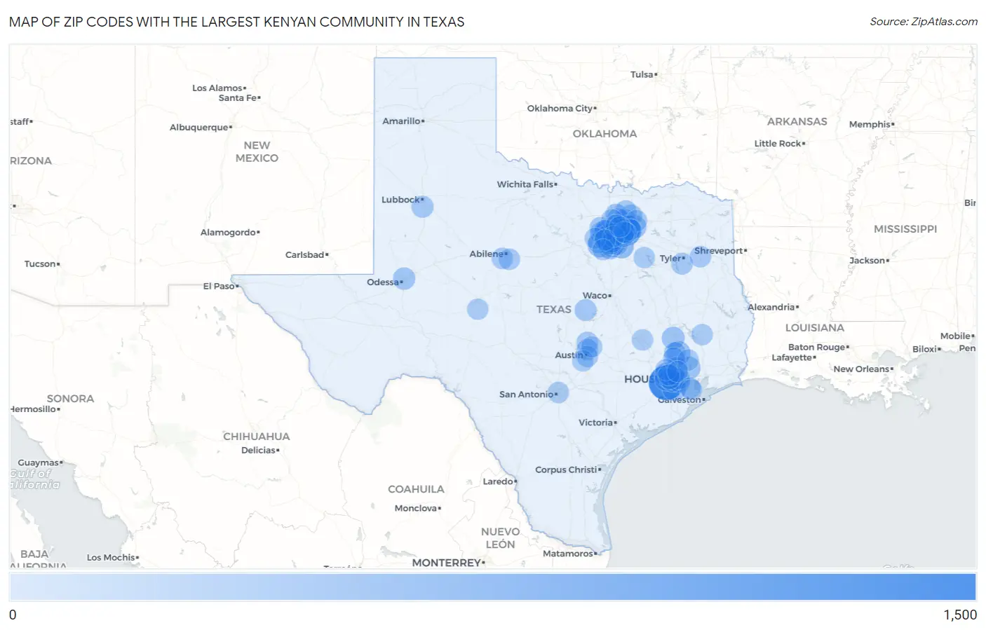 Zip Codes with the Largest Kenyan Community in Texas Map