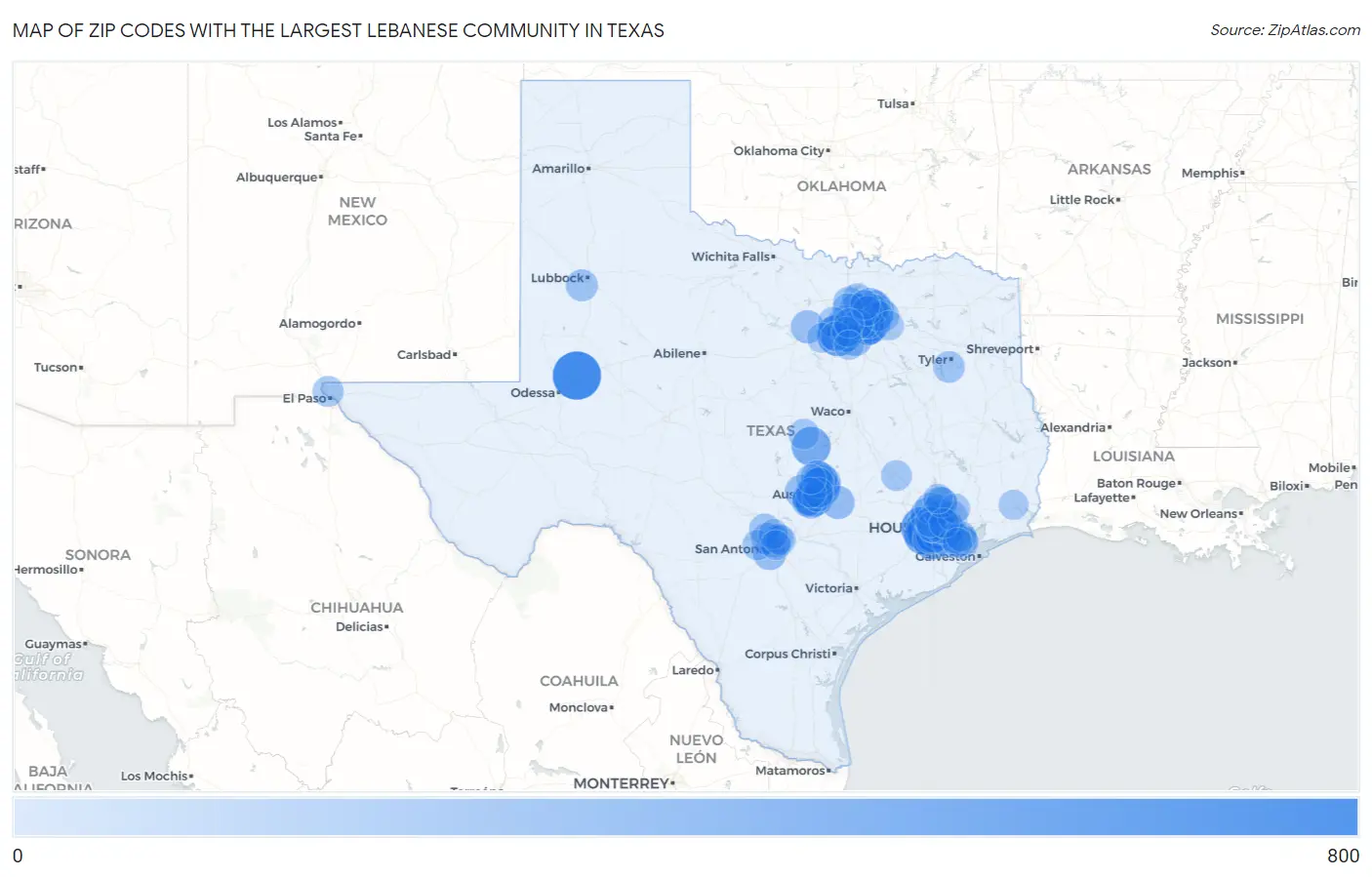 Zip Codes with the Largest Lebanese Community in Texas Map