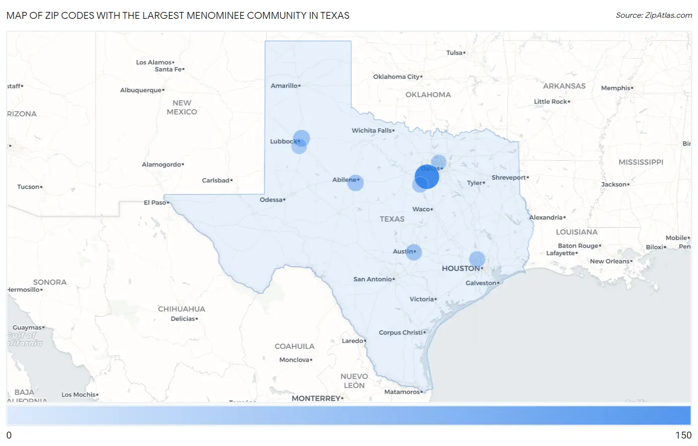 Zip Codes with the Largest Menominee Community in Texas Map