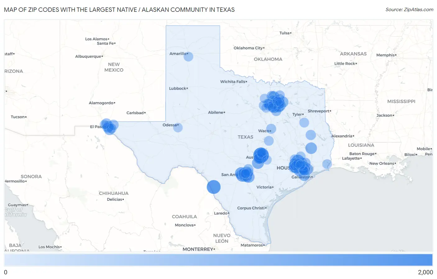 Zip Codes with the Largest Native / Alaskan Community in Texas Map