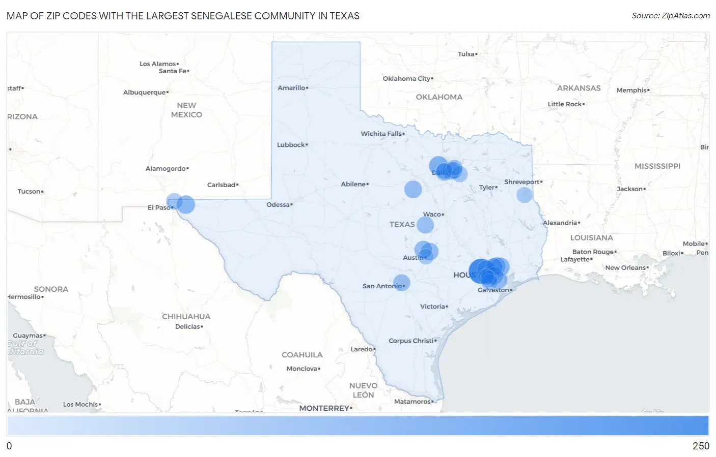 Zip Codes with the Largest Senegalese Community in Texas Map