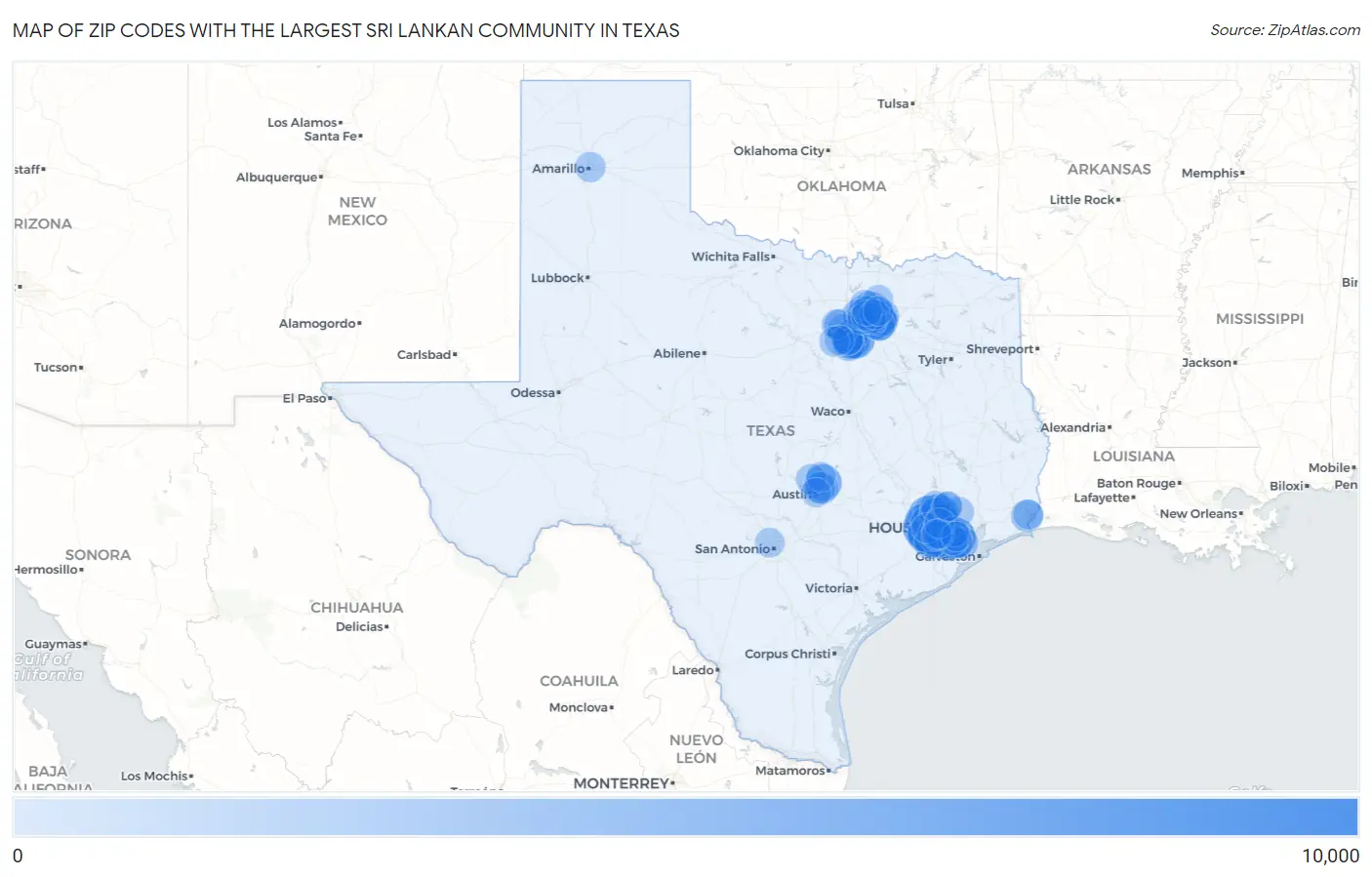 Zip Codes with the Largest Sri Lankan Community in Texas Map