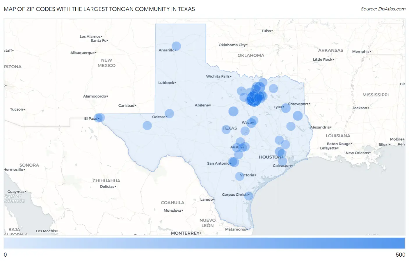 Zip Codes with the Largest Tongan Community in Texas Map