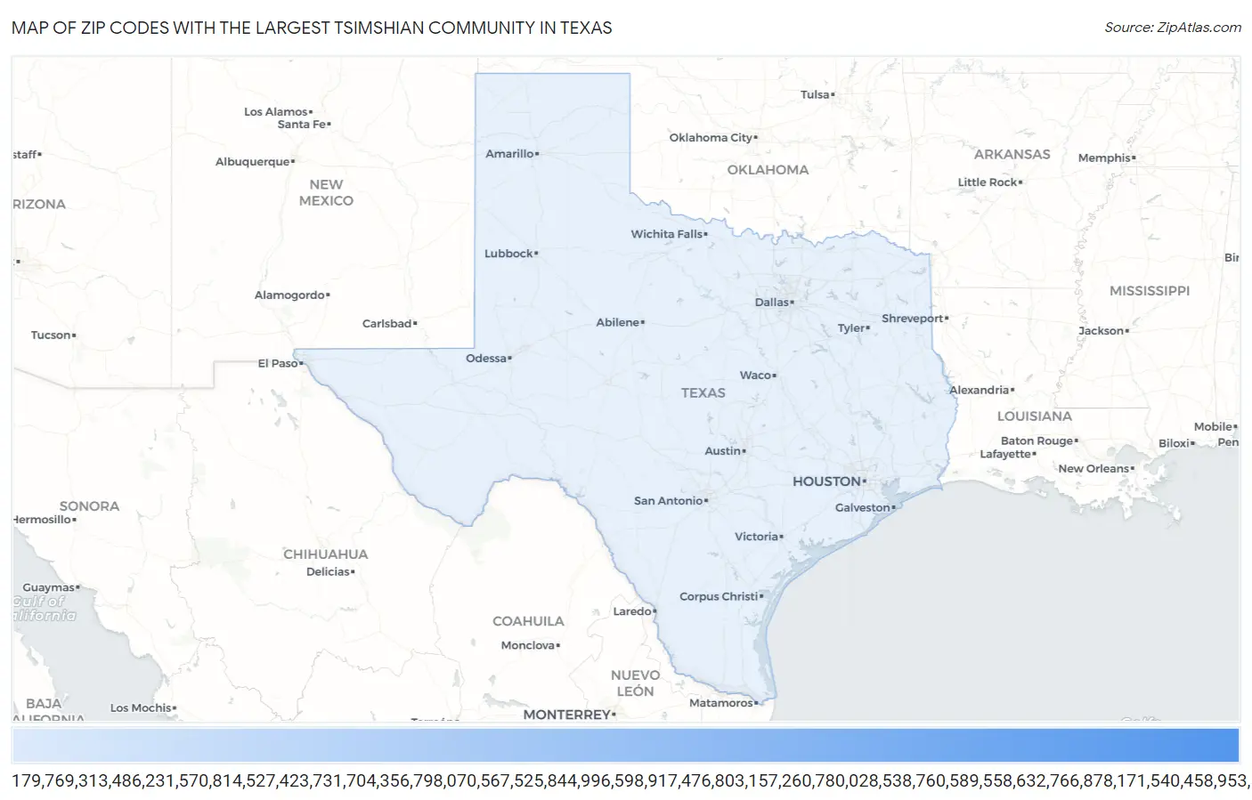 Zip Codes with the Largest Tsimshian Community in Texas Map