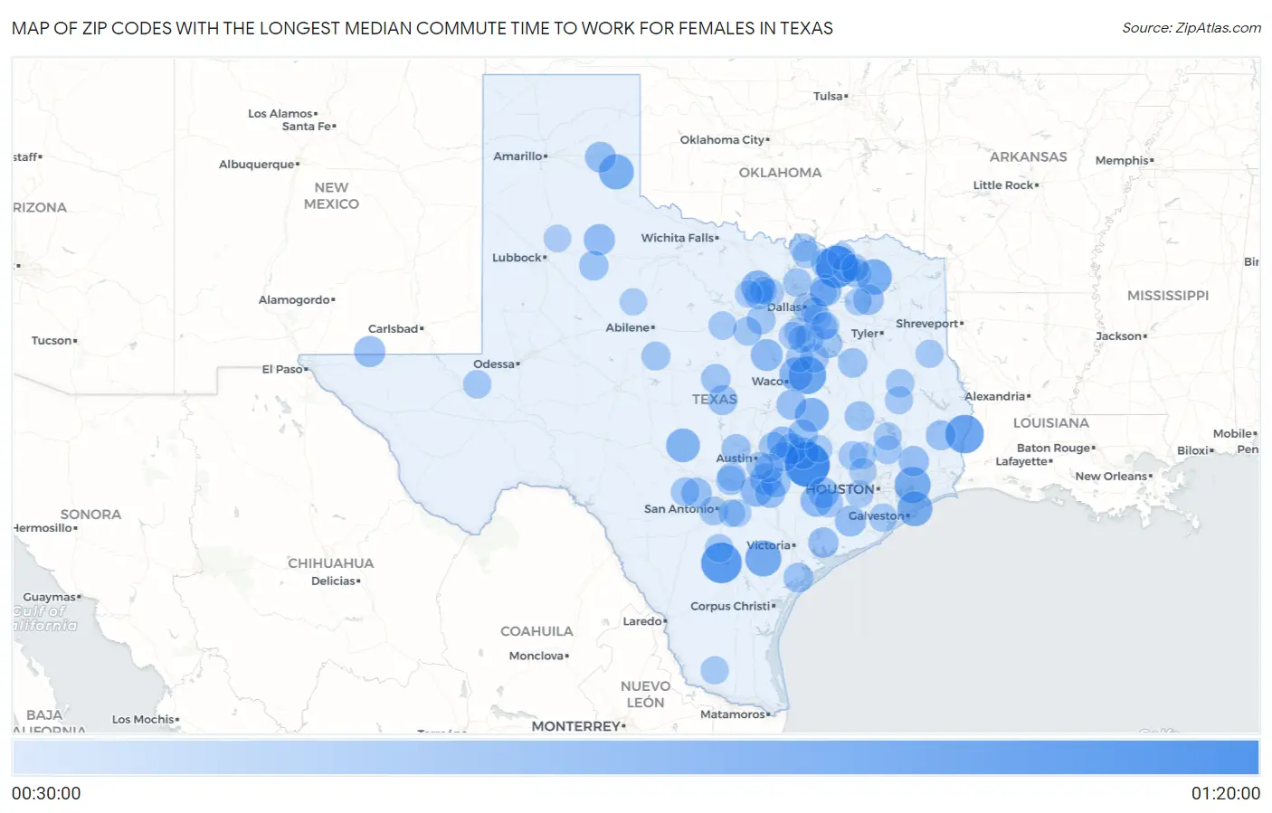 Zip Codes with the Longest Median Commute Time to Work for Females in Texas Map