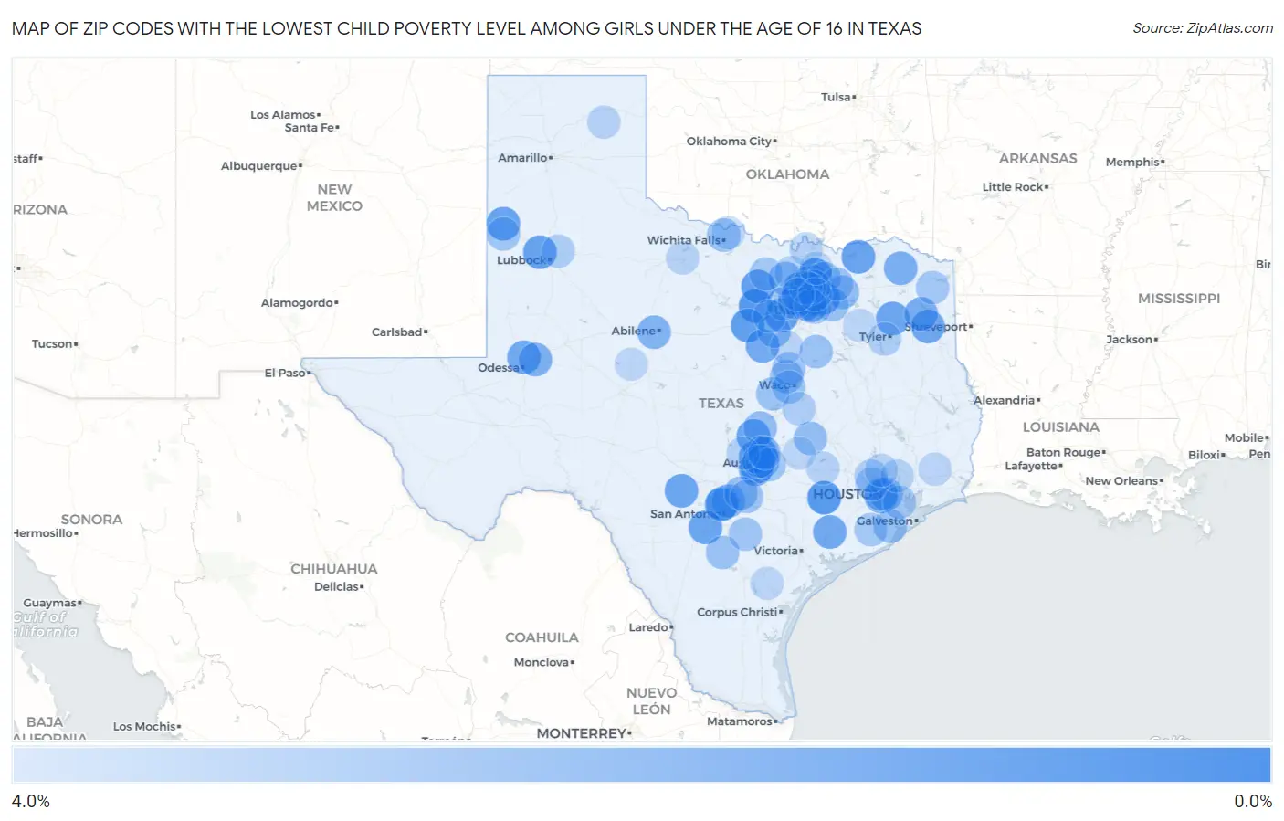 Zip Codes with the Lowest Child Poverty Level Among Girls Under the Age of 16 in Texas Map